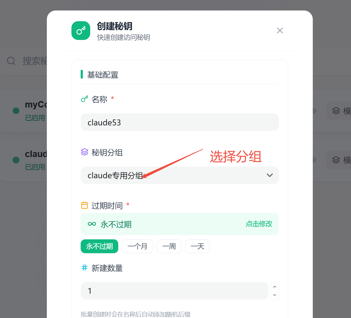 创建秘钥 - 选择 claude 专用分组